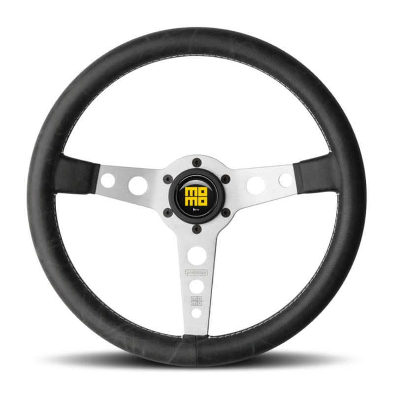 Momo Prototipo Steering Wheel 350 mm - Black Leather/White Stitch/Brshd Spokes