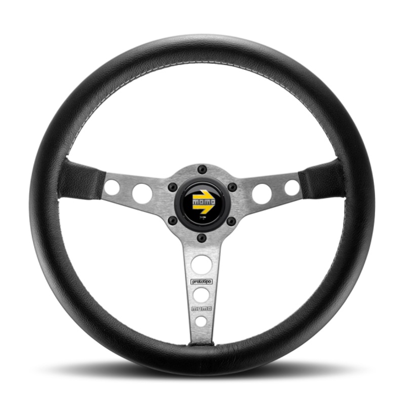 Momo Prototipo Steering Wheel 350 mm - Black Leather/Wht Stitch/Brshd Spokes
