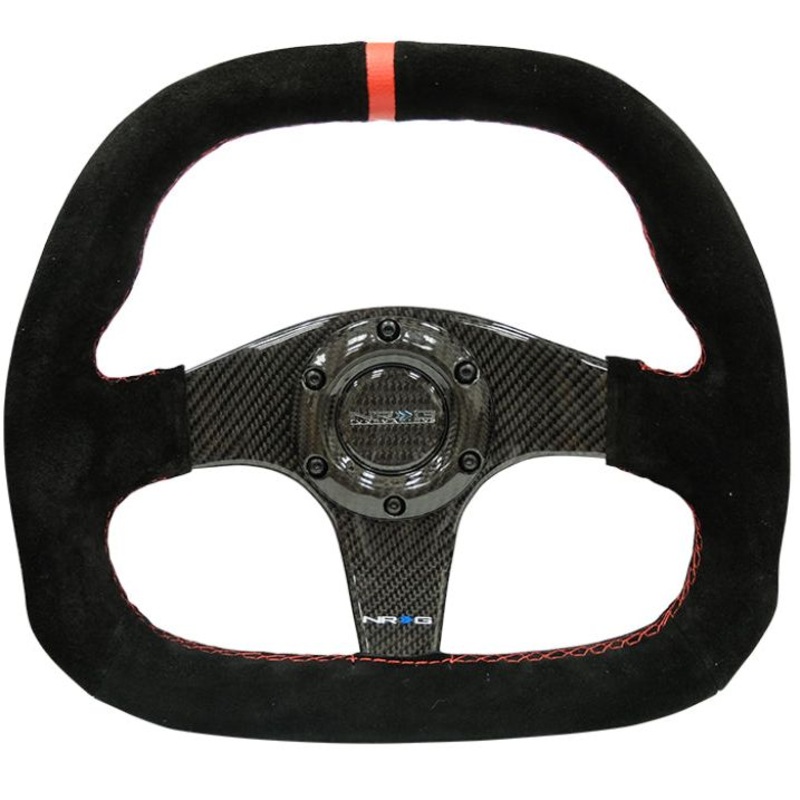 NRG Carbon Fiber Steering Wheel (320mm) Flat Btm. Blk Suede/Red Stitch w/CF Spokes & Red Center Mark