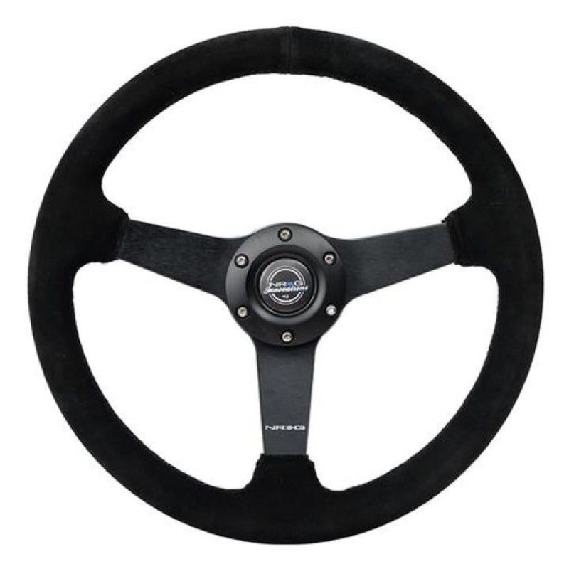 NRG Sport Steering Wheel (350mm / 1.5in Deep) Black Suede/Black Stitch w/Matte Black Solid Spokes