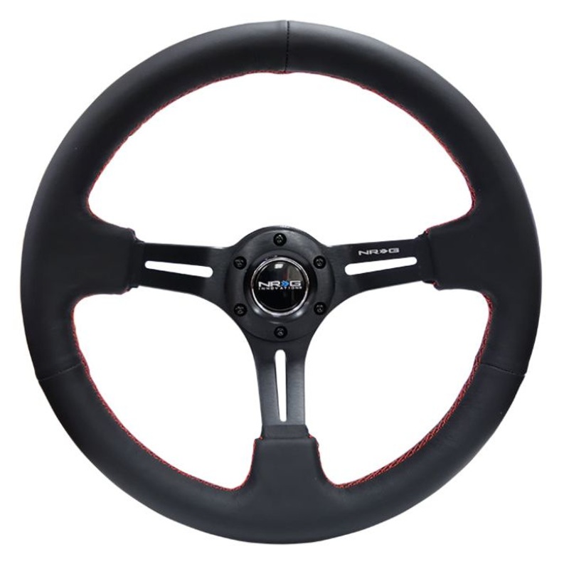 NRG Reinforced Steering Wheel (350mm / 3in. Deep) Black Leather/Red Stitch & Blk 3-Spoke w/Slits