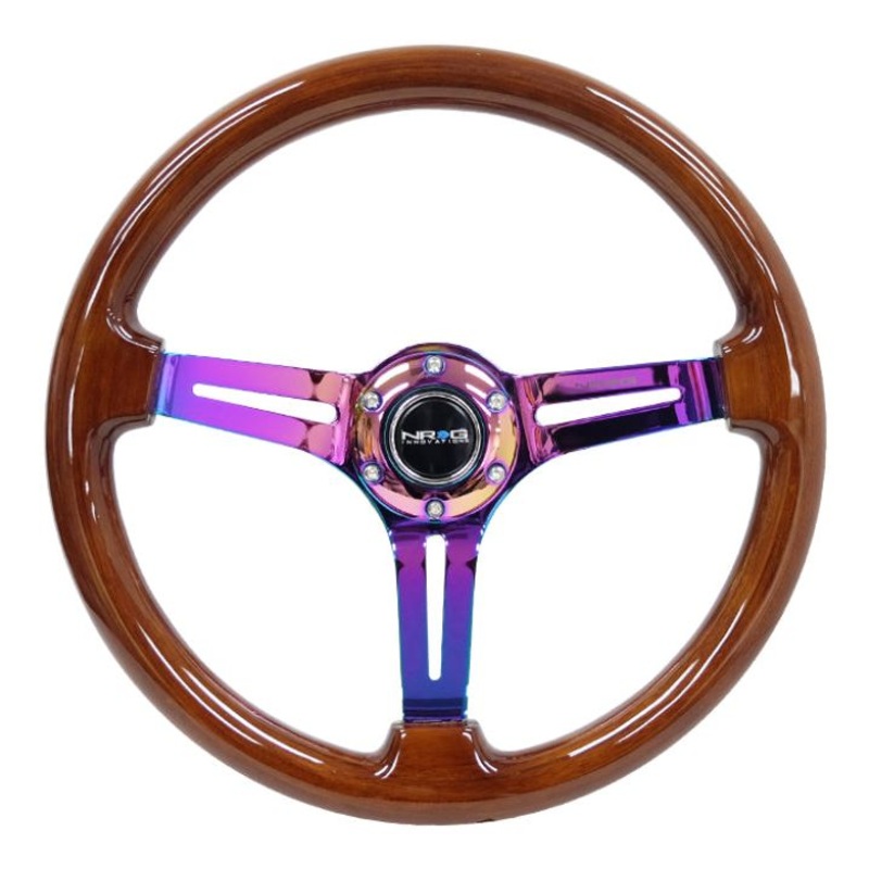 NRG Reinforced Steering Wheel (350mm / 3in. Deep) Brown Wood w/Blk Matte Spoke/Neochrome Center Mark
