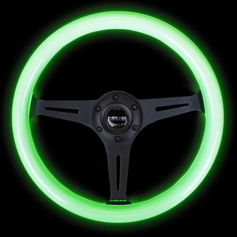 NRG Classic Wood Grain Steering Wheel (350mm) Glow-N-The-Dark Green Grip w/Black 3-Spoke Center